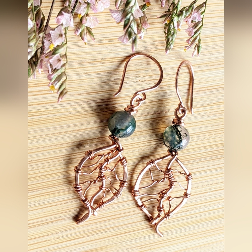 Textured Copper Earrings- Earthy Moss Agate Gem Beads-Dangle Drop Leaf Inspired